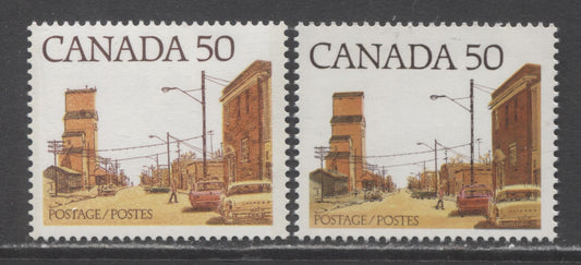 Canada #723ii,aiv 50c Multicolored Prairie Street Scene, 1977-1982 Street Definitives, 2 VFNH Singles Showing DF Paper Printings, Normally LF