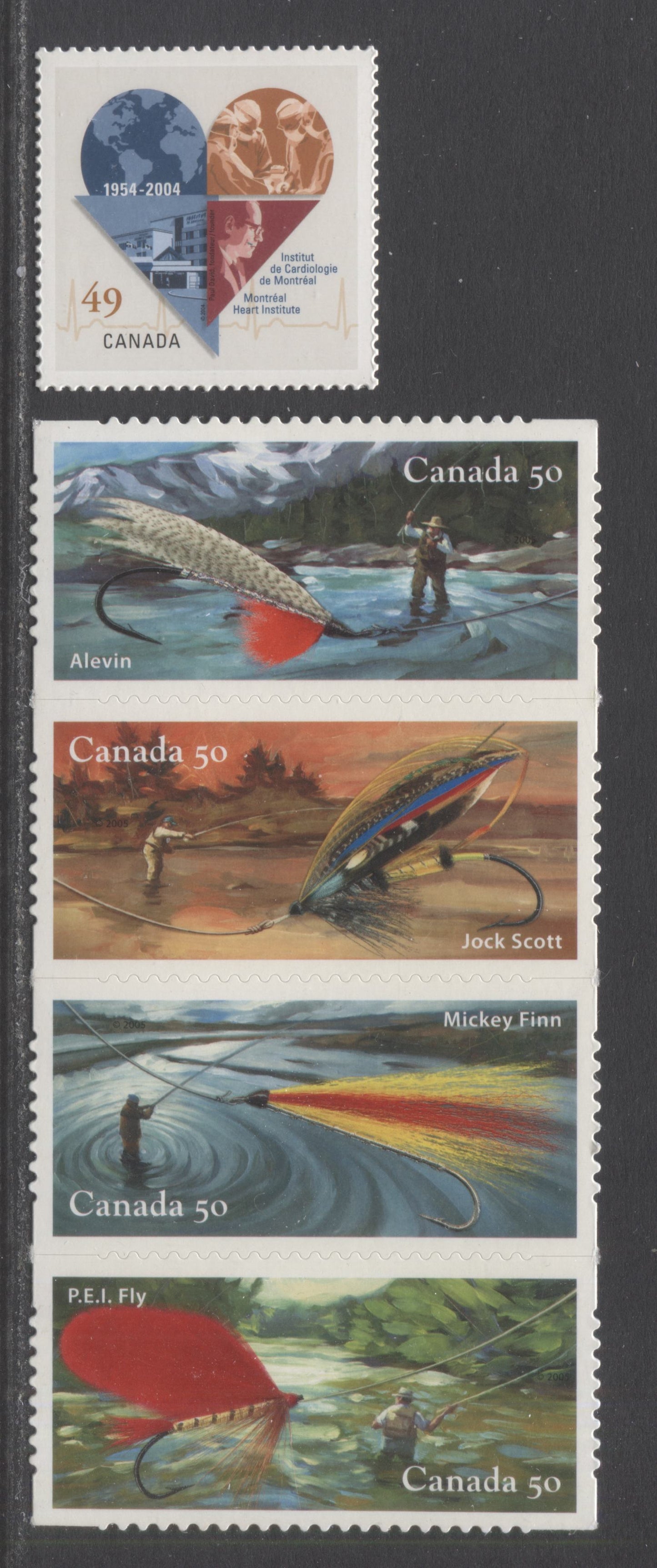 Canada #2056ii, 2088i 49c & 50c Multicolored Montreal Heart Institute & P.E.I Fly, 2004-2005 Montreal Heart Institute & Fly Fishing Issues, 2 VFNH Single & Strip Of 4 Die Cut To Shape