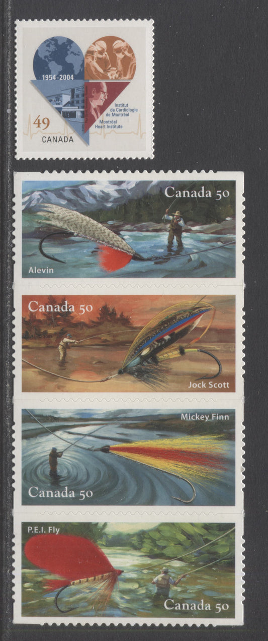 Canada #2056ii, 2088i 49c & 50c Multicolored Montreal Heart Institute & P.E.I Fly, 2004-2005 Montreal Heart Institute & Fly Fishing Issues, 2 VFNH Single & Strip Of 4 Die Cut To Shape