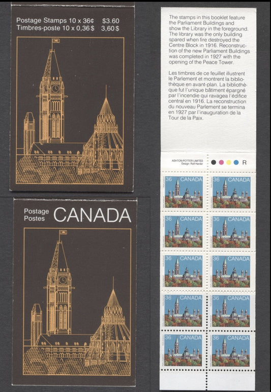 Canada #BK93 1987 Parliament Buildings Issue, A 36c Multicolored Booklet, LF/DF Pane & DF Cover, Rolland Paper, Tagging On 4 Sides, AP Printing, Perf 13.3 x 14