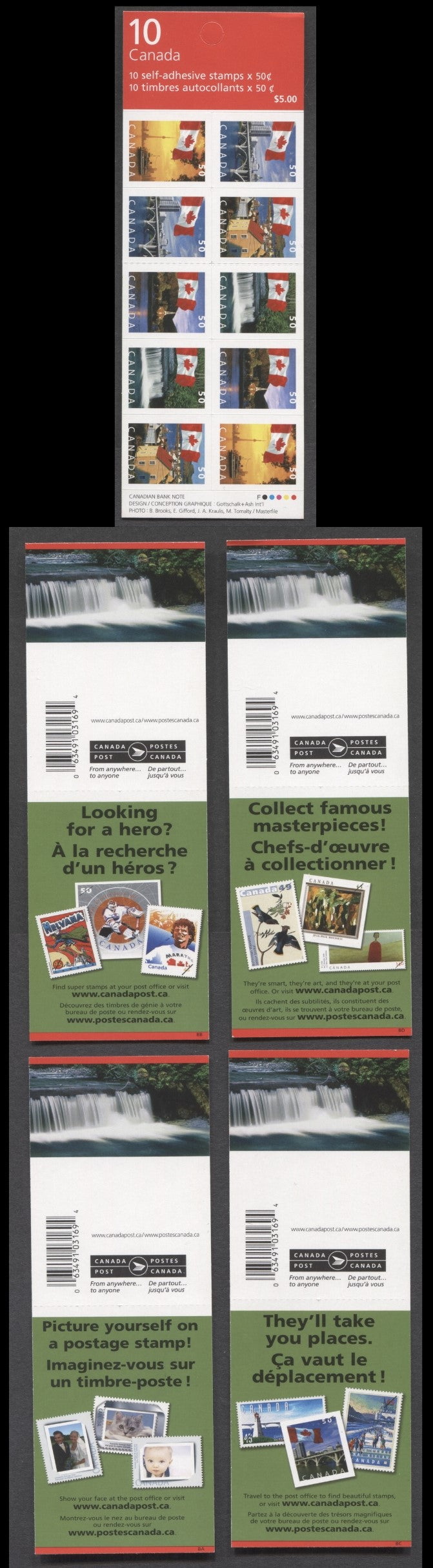 Canada #BK302A 2004-2005 Definitive Issue, 4 50c Multicolored Booklets, LF/HB Panes On Fasson Paper, 29 Slit Roulette Covers BA-BD, CBN Reprint, Barcode 03169 4