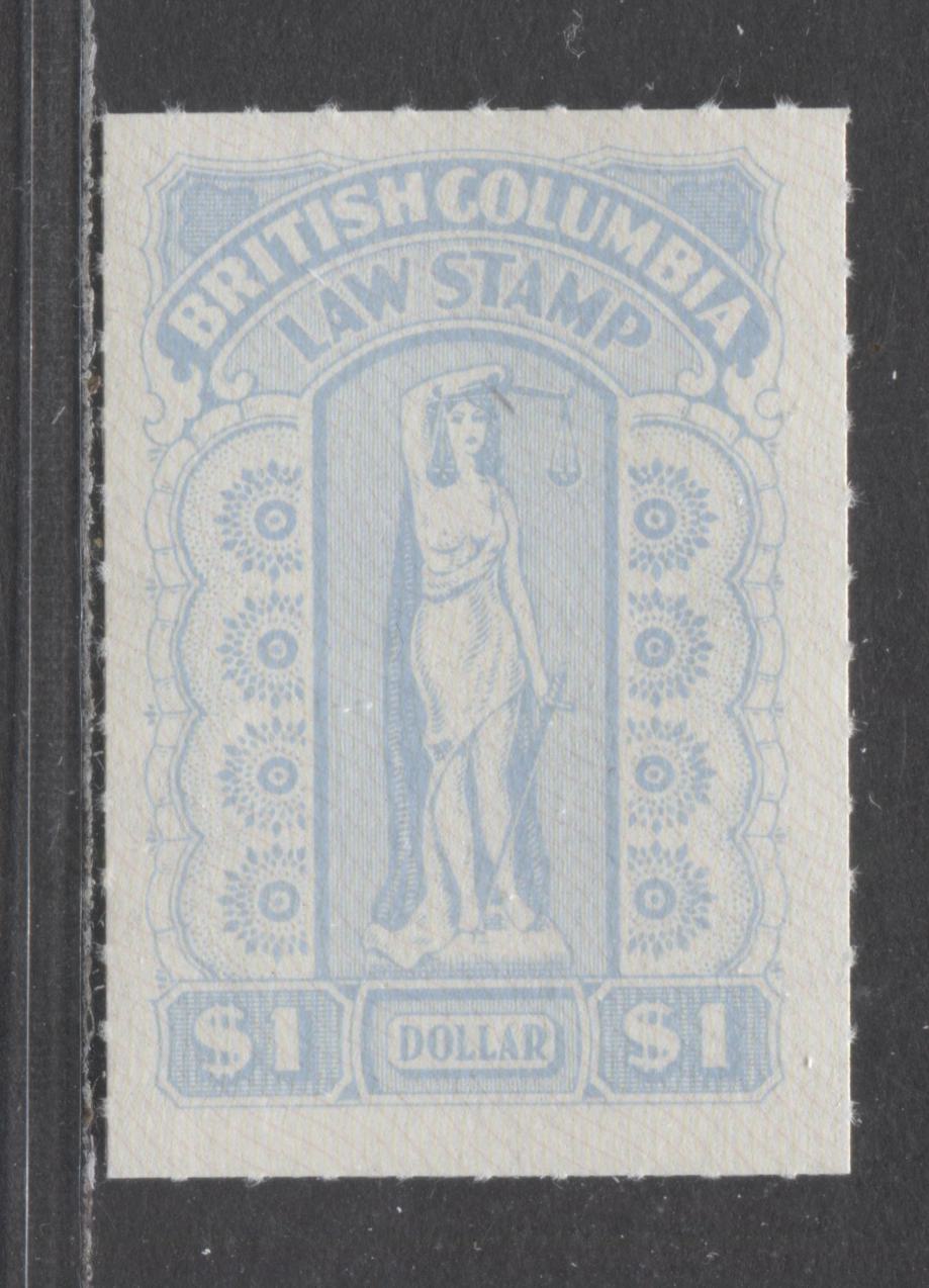 Lot 63 Canada - British Columbia #BCL63 $1 Blue Lady Law, 1958-1970 Eleventh Law Series, A VFNH Single, Rouletted