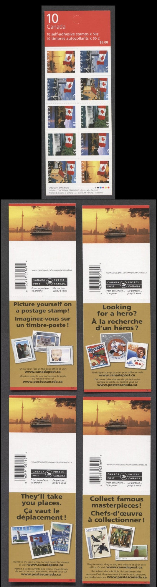 Canada #BK302Aa 2004-2005 Definitive Issue, 4 50c Multicolored Booklets, LF/HB Panes On Fasson Paper, 29 Slit Roulette Covers OA-OD, CBN Reprint, Barcode 03169 4