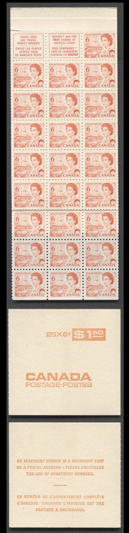 Canada McCann #BK60c 1967-1973 Centennial Issue, A $1.50 6c Orange, Pane Of 25+2 Labels Booklet, DF-fl Pane with Very Sparse LF fibers, Medium Printing On Back Cover, Lightly Horizontally Ribbed Cover Stock