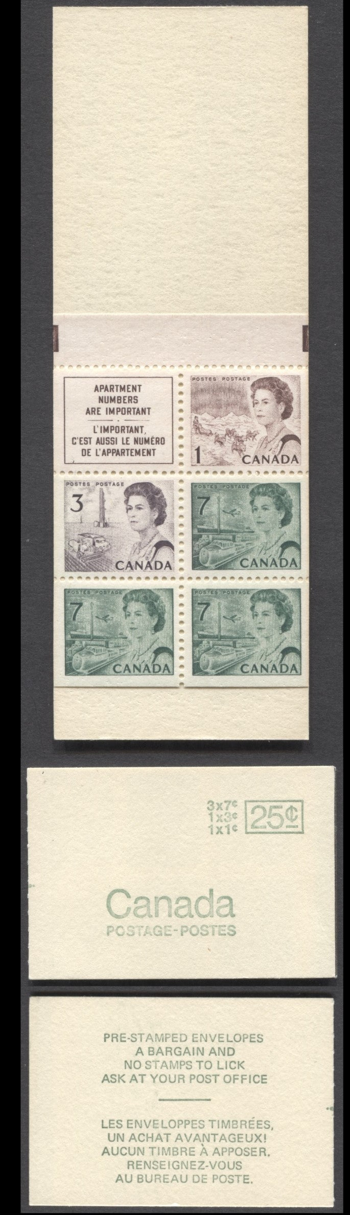 Canada #BK66d 1967-1973 Centennial Issue, A 25c 1c Brown, 3c Dull Purple & 3x 7c Emerald Green+Label Booklet, LF Vertical Ribbed Pane, Type 1, Pre-stamped', Clear Seal, Smooth Cover Stock