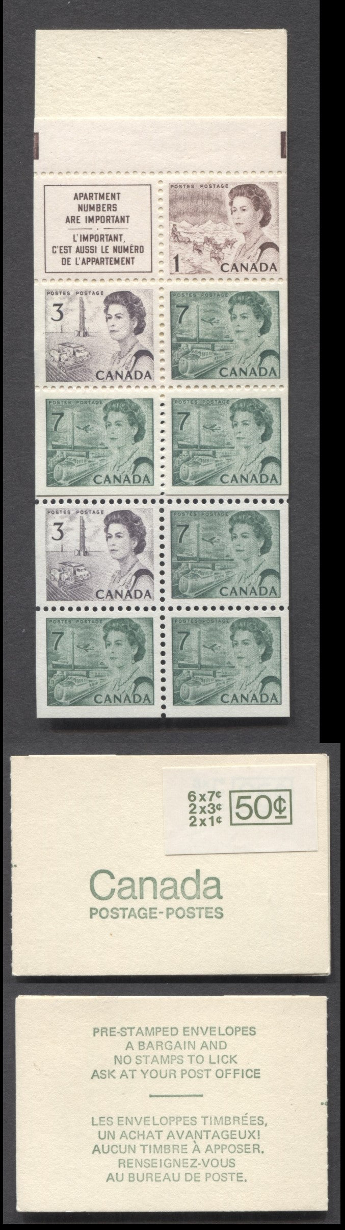 Canada #BK68b 1967-1973 Centennial Issue, A 50c 1c Brown, 3c Dull Purple & 7c Slate Green x3, 2 Panes Of 5+Label Booklet, MF & LF Panes, Combination Booklet, Type II, Pre-stamped', Clear Seal & Large Glossy Sticker, Less Than 10,000 Issued