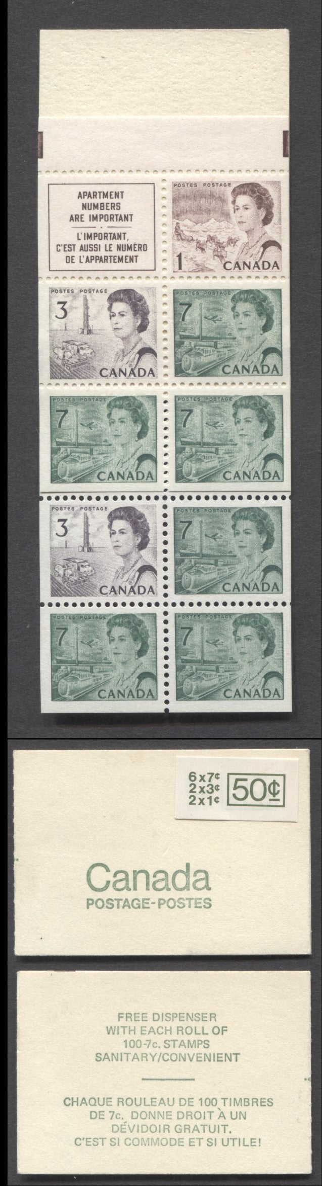 Canada #BK68c 1967-1973 Centennial Issue, A 50c 1c Brown, 3c Dull Purple & 7c Bottle Green x3, 2 Panes Of 5+Label Booklet, MF & LF Panes, Type 1, Free Dispenser', Clear Seal & Small Glossy Sticker, Less Than 8,000 Issued