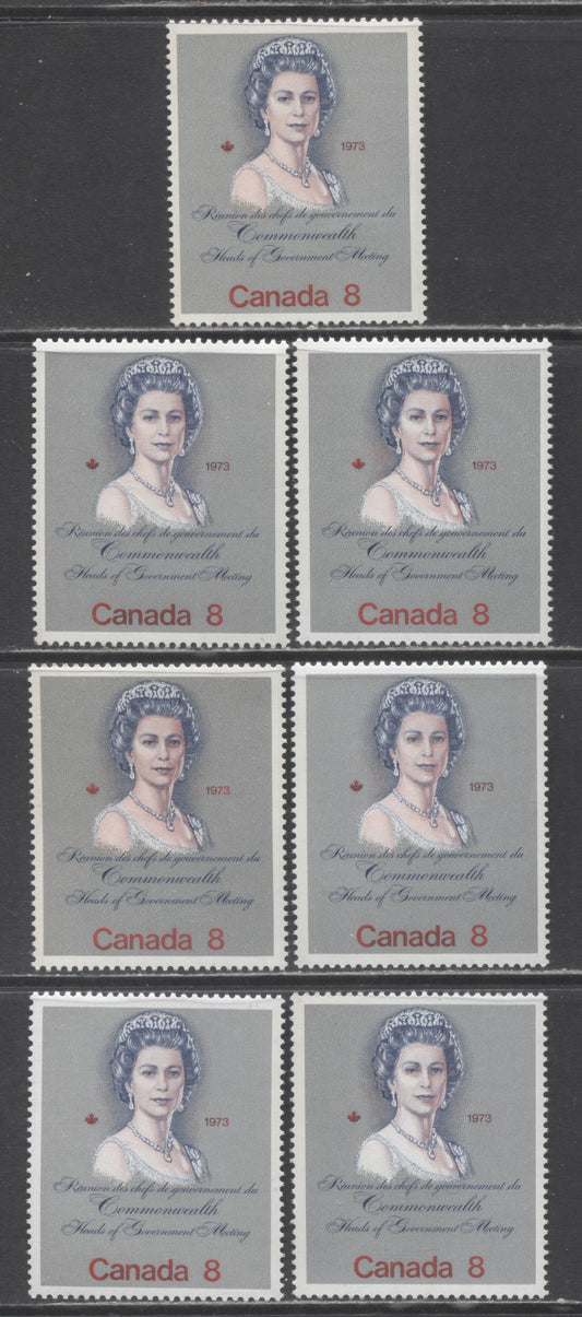 Canada #620,ii,var 8c Multicolored Queen Elizabeth II, 1973 Royal Visit Issue, 7 VFNH Singles With Various Papers & Shading, Most Unlisted In Unitrade