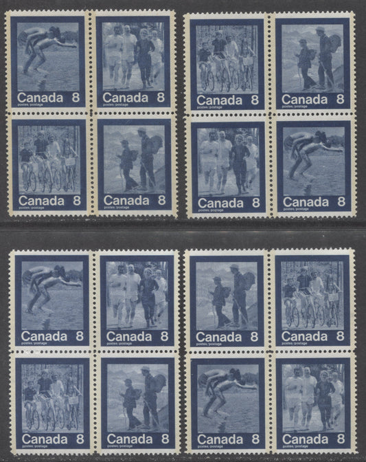 Canada #632a,ai 8c Dark Blue Swimming - Hiking, 1974 Keep Fit' Summer Sports Issue, 4 VFNH Blocks Of 4 On HB & NF Papers With Different Tagging & Gums