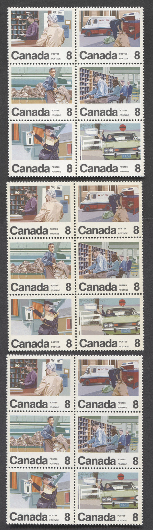 Canada #639a 8c Multicolored Postmaster - Rural Mail Courier, 1974 Letter Carrier Service, 3 VFNH Se-tenant Blocks Of 6 On 3 Different Mottled Fluorescent Backed Papers, LF/L, F/F & MF/F Papers, F Backed Paper Is The Standard For This Issue