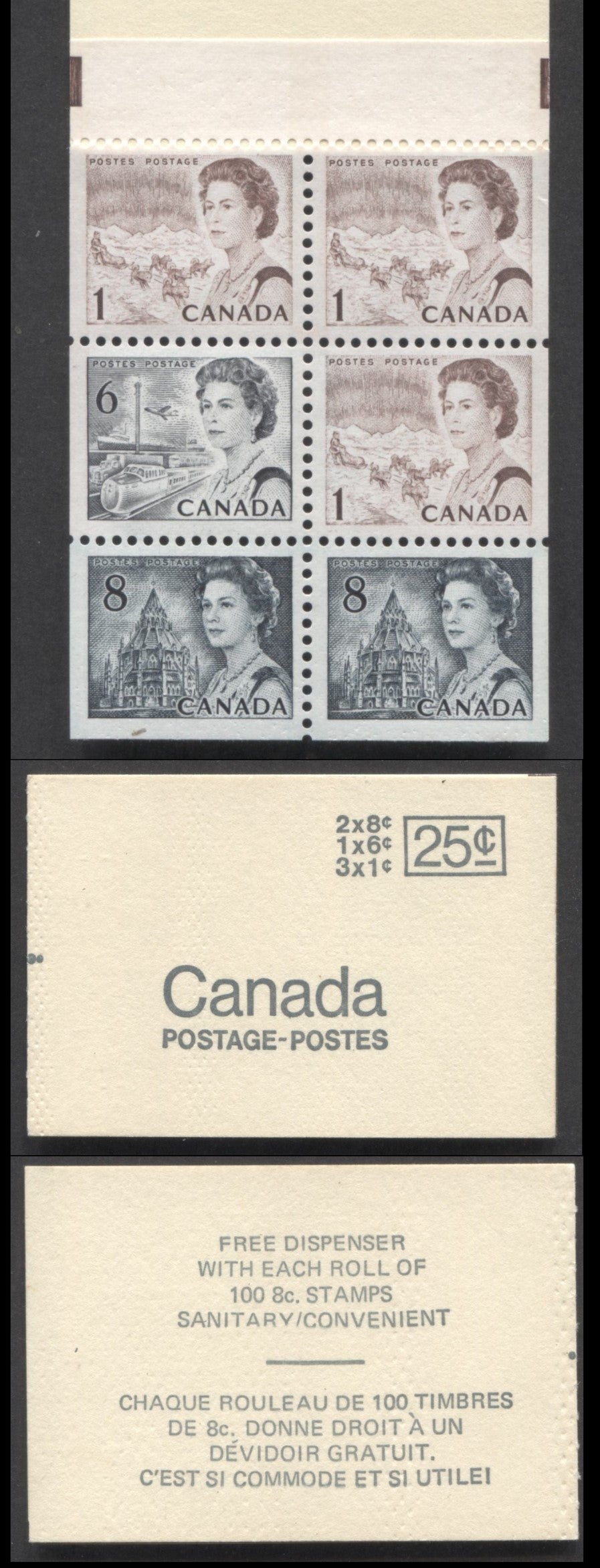 Canada #BK69aii (McCann #BK69e) 1967-1973 Centennial Issue, A 25c 1c Brown x3, 6c Black & 8c Slate x2 Booklet, Medium Fluorescence Pane, Type 1, 'Free Dispenser' Back Cover, Dimpled Card Stock & Fine Printing On Back Cover, Black Sealing Strip