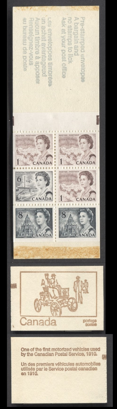 Canada BK69fii (McCann #BK69Ao) 1967-1973 Centennial Issue, A 25c 1c Brown x3, 6c Black & 8c Slate x2 Counter Booklet, MF Smooth Pane, OP2 Tagging, Type IV, 'Motorized Vehicle' Cover, Rough On Outside, Smooth On Inside, Clear Sealing Strip