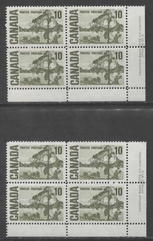 Canada #462iv,v 10c Deep Yellowish Green Jack Pine, 1967-1973 Centennial High Values, 2 VFNH LR Plate 3 Blocks Of 4 With Different Papers, Shades, Gums & Paper Fluorescences