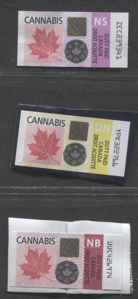 Canada, Multicolored Maple Leaf,  Ontario, N.S & N.B Cannabis, 3 Fine to Very Fine Used Stamps With A Small Tear In The Off-Package Nova Scotia Stamp, Unlisted In Van Dam