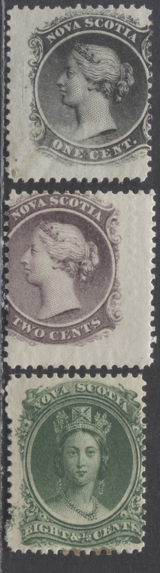 Nova Scotia #8a, 9, 11a 1c, 2c & 8.5c Black, Lilac & Green Queen Victoria, 1860-1863 Queen Victoria Issue, 3 VGNH Singles On White Paper, Showing Several Guidelines & Dots At Left On 1c, Different Perfs