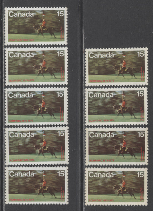 Canada #614 15c Multicolored RCMP Musical Ride, 1973 RCMP Centenary, 9 VFNH Singles With Various Paper Types & Two Different Shades