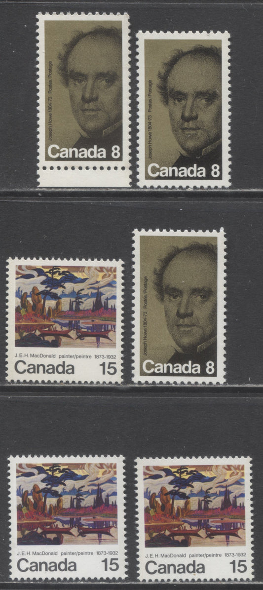 Canada #616-617 8c & 15c Multicolored Joseph Howe & Mist Fantasy, 1973 Joseph Howe & JEH Macdonald Issues, 6 VFNH Singles On Fluorescent Papers