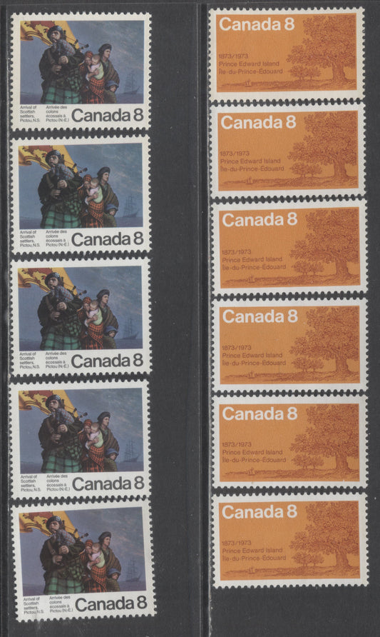 Canada #618-619 8c Multicolored Oak Tree & Scottish Settlers, 1973 PEI Centennial & Scottish Settler Issues, 11 VFNH Singles On Various Papers