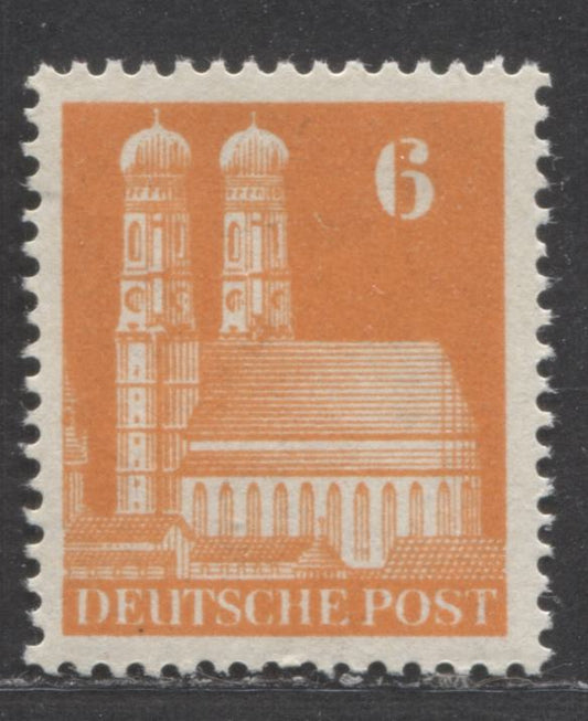 Germany - American and British Zone MI#77WA (SC#638) 6pf Orange 1948-1951 Buildings Issue, Comb Perf 14 x 14.5, Wmk W, A VFNH Single, Click on Listing to See ALL Pictures, 2022 Scott Classic Cat. $8 USD