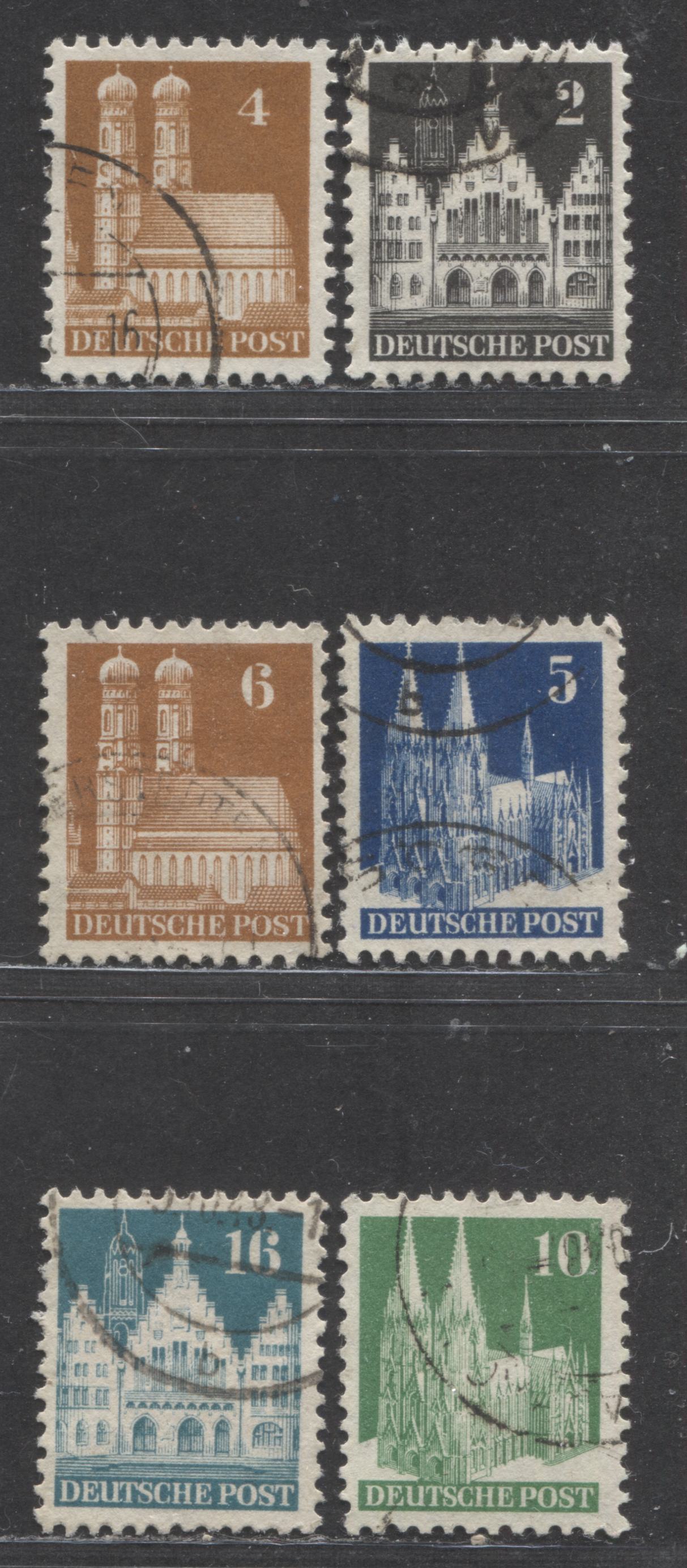 Germany - American and British Zone MI#73XF (634)/83XF (644) 1948-1951 Buildings Issue, Comb Perf 11.25 x 11, Wmk X, 6 Very Fine Used Singles, 2023 Michel Cat. € 5.8