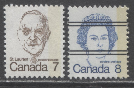 Lot 94 Canada #592iii T3, 593xx T2 7c, 8c Dark Brown, Royal Blue St. Laurent, Queen Elizabeth II, 1973 - 1976 Caricature Definitives, 2 VFNH Singles With G2aR & G2C Tagging Errors