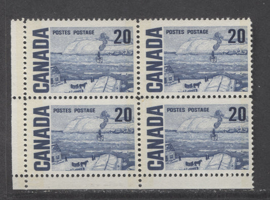 Canada #464p 20c Deep Blue The Ferry, Quebec, 1967-1973 Centennial High Values, A VFNH LL Blank Corner Block Of 4 On DF-fl Paper With Streaky Dex Gum, Light Blue Under UV, W2B Tagged