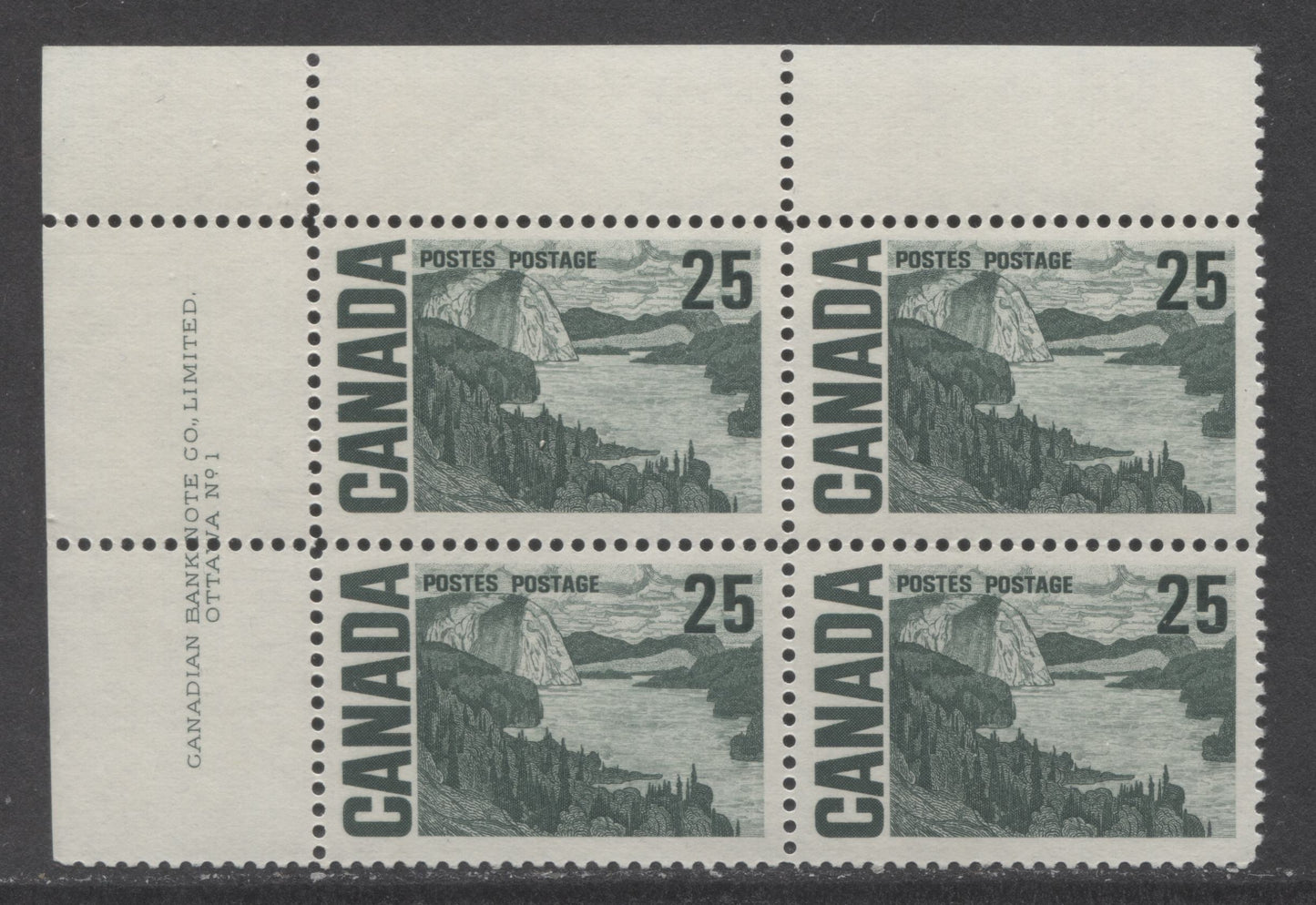 Canada #465 25c Bottle Green Solemn Land, 1967-1973 Centennial High Values, A VFNH UL Plate 1 Block Of 4 On DF-fl Paper With Smooth Dex Gum, Greenish Ivory Under UV