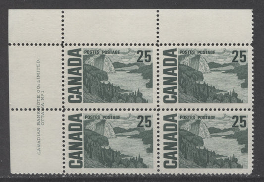 Canada #465 25c Bottle Green Solemn Land, 1967-1973 Centennial High Values, A VFNH UL Plate 1 Block Of 4 On DF-fl Paper With Smooth Dex Gum, Greenish Ivory Under UV