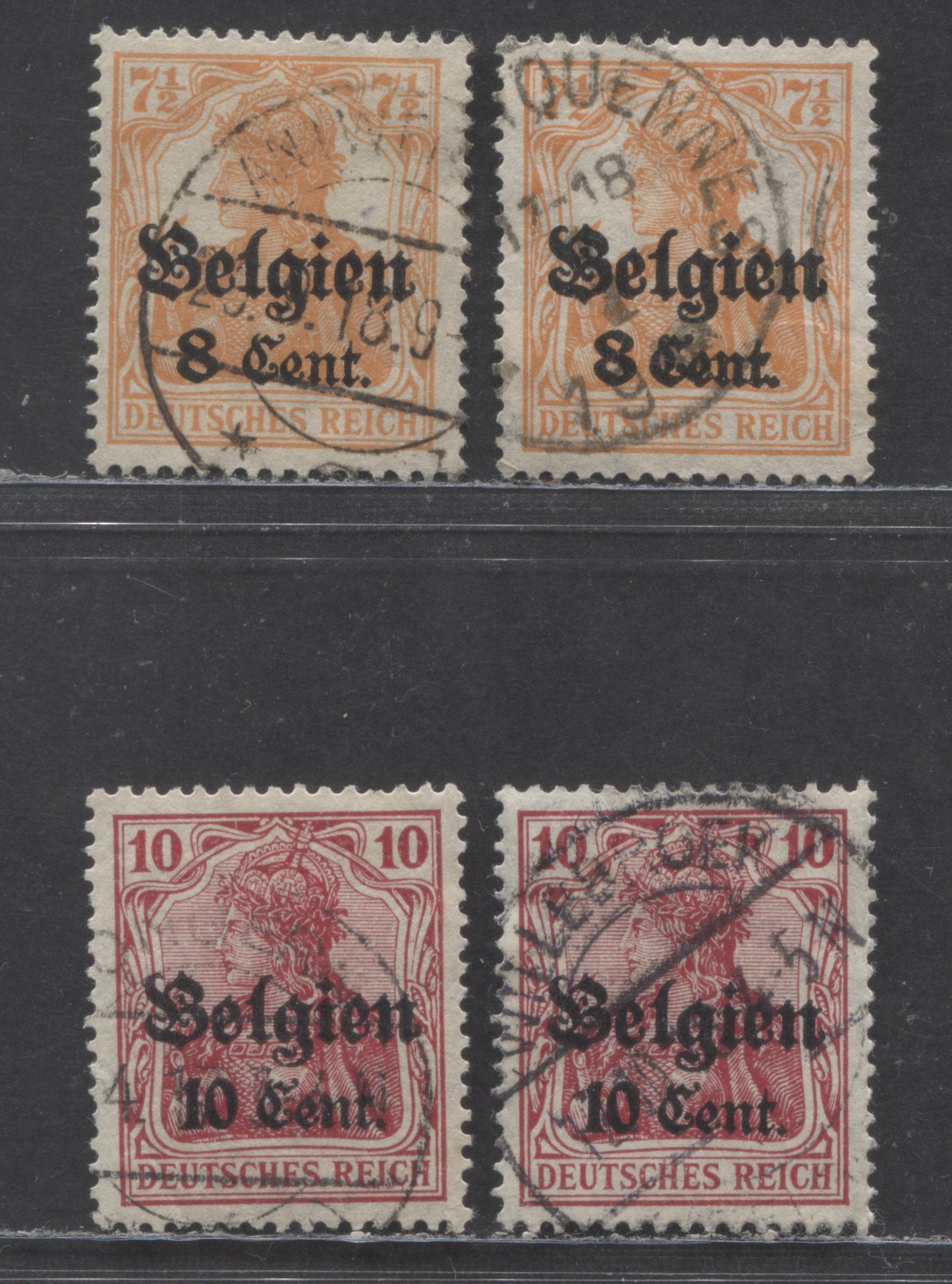 Belgium - German Occupation #N13-N14var (MI#13aI/14b) 8c Orange & 10c Carmine red 1916-1918 Overprinted Germania Issue in Cents, A VF Used Selection, With 0.8, 1.0 and 1.3mm Settings, 2023 Michel Cat. 23.6 Euro