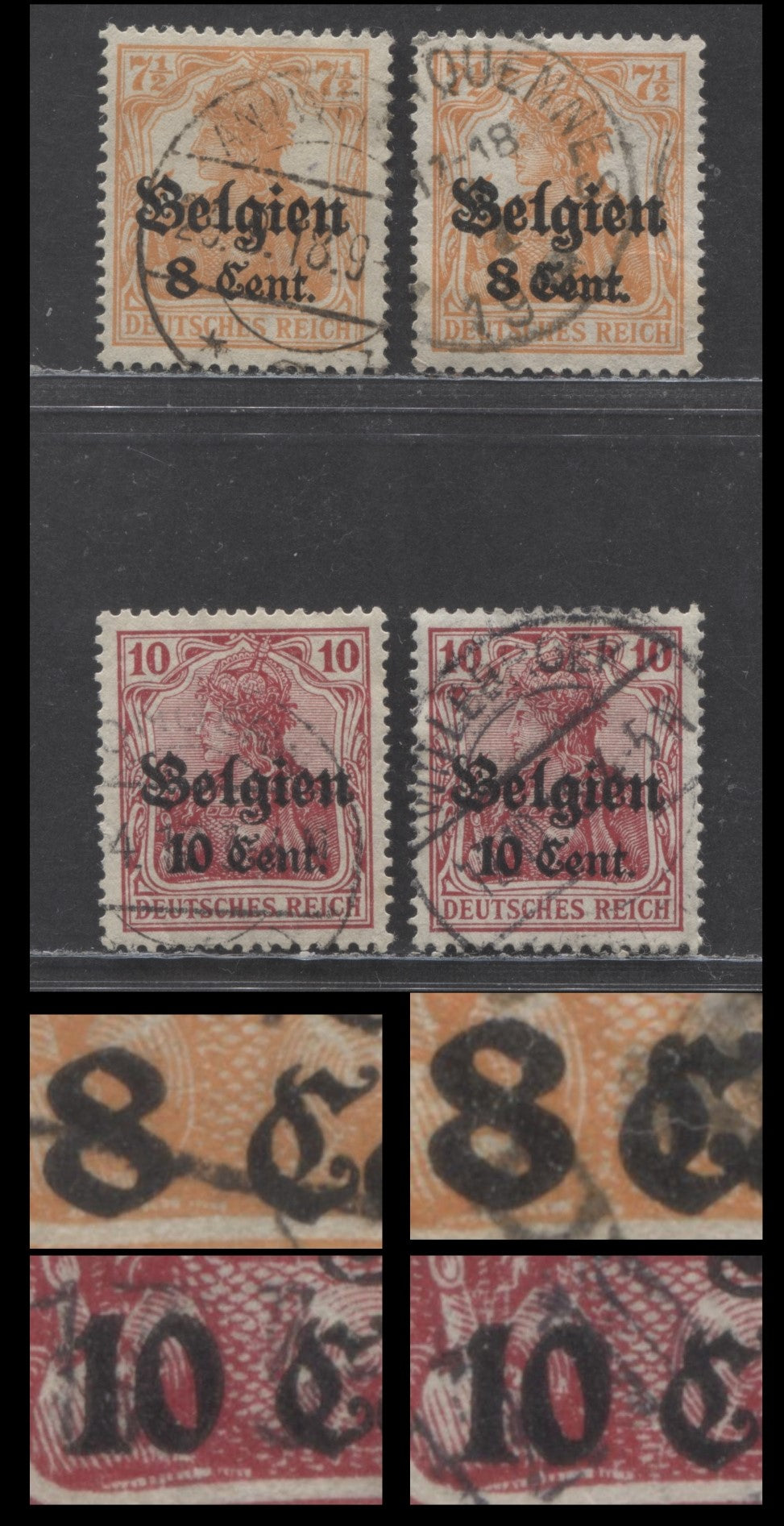Belgium - German Occupation #N13-N14var (MI#13aI/14b) 8c Orange & 10c Carmine red 1916-1918 Overprinted Germania Issue in Cents, A VF Used Selection, With 0.8, 1.0 and 1.3mm Settings, 2023 Michel Cat. 23.6 Euro