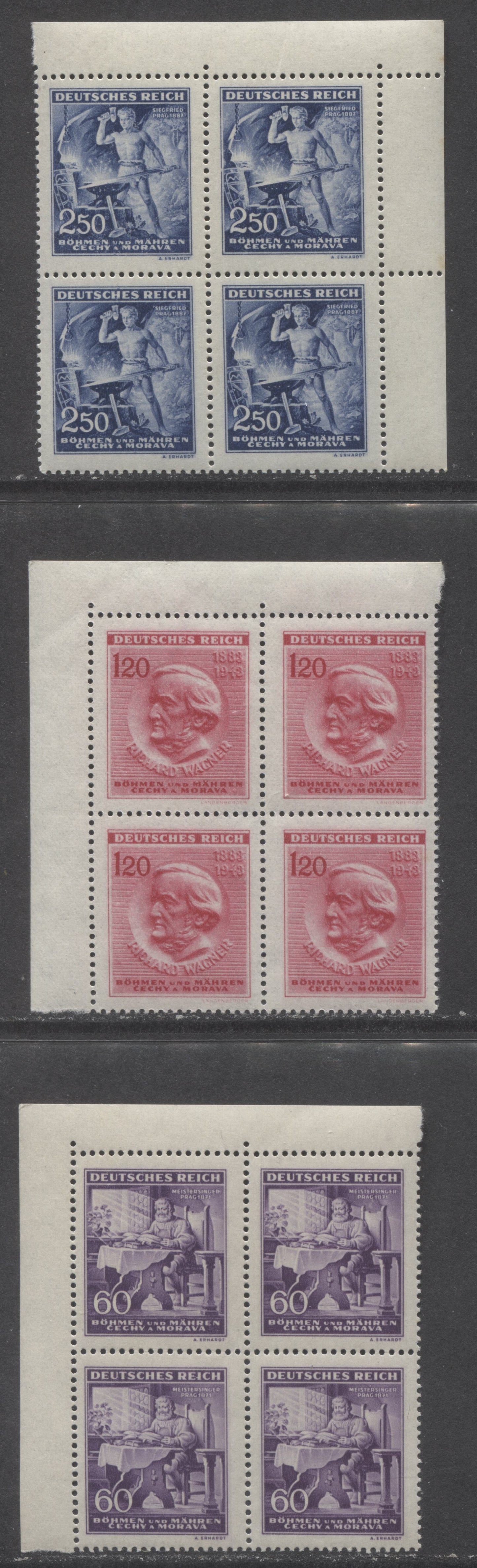 Bohemia & Moravia MI#128 (SC# 85)-130 (SC# 87) 1943 Richard Wagner Issue, 3 VFNH Corner Blocks Of 4, Click on Listing to See ALL Pictures, Estimated Value $5