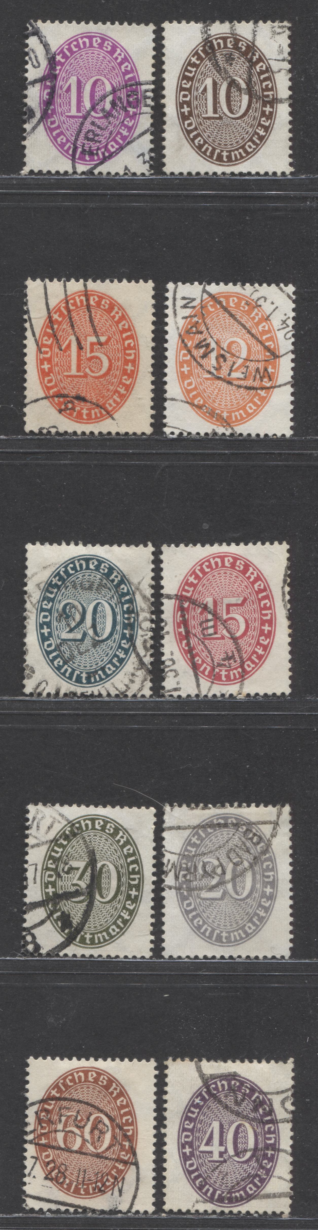 Germany MI#118x (SC# O70)/131x (SC# O79) 1927-1933 Official Issue, All With Upright Wmk, 10 Very Fine Used Singles, Click on Listing to See ALL Pictures, Estimated Value €20