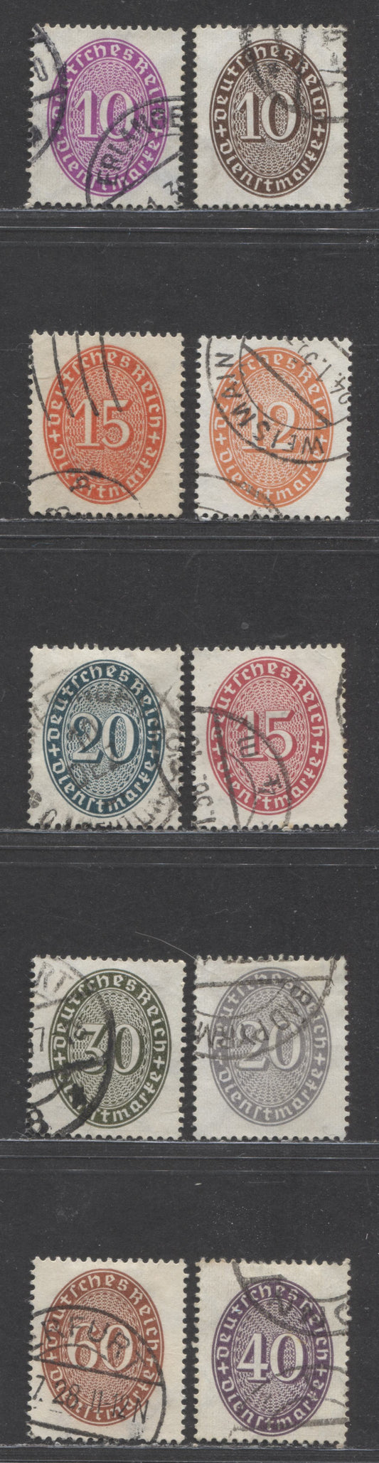 Germany MI#118x (SC# O70)/131x (SC# O79) 1927-1933 Official Issue, All With Upright Wmk, 10 Very Fine Used Singles, Click on Listing to See ALL Pictures, Estimated Value €20