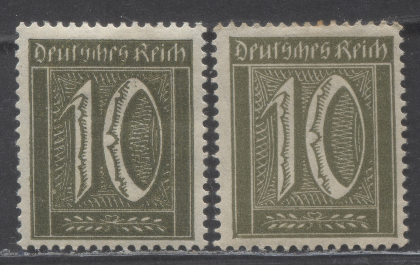 Germany MI#159b (SC# 138) 10pf Blackish Olive 1921 Definitive Issue, With Normal Olive Green Shade For Comparison, 2 FOG Singles, Click on Listing to See ALL Pictures, Estimated Value €30