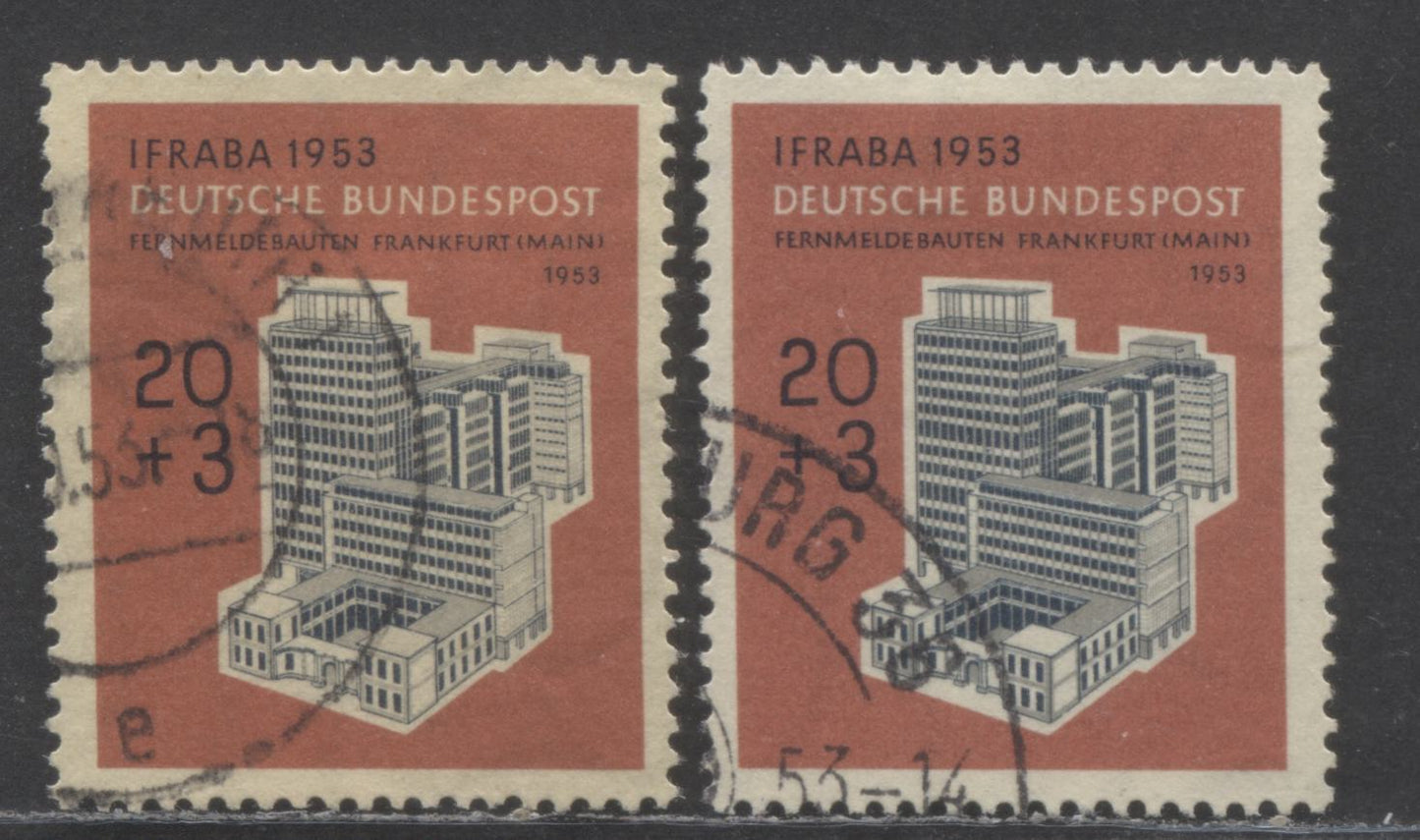 Germany Mi#172 (SC#B333) 20+3pf Red 1953 Philatelic Exhibition Issue, On Yellowish & White Paper, Unlisted On This Issue, 2 Very Fine Used Singles, Click on Listing to See ALL Pictures, Estimated Value $45