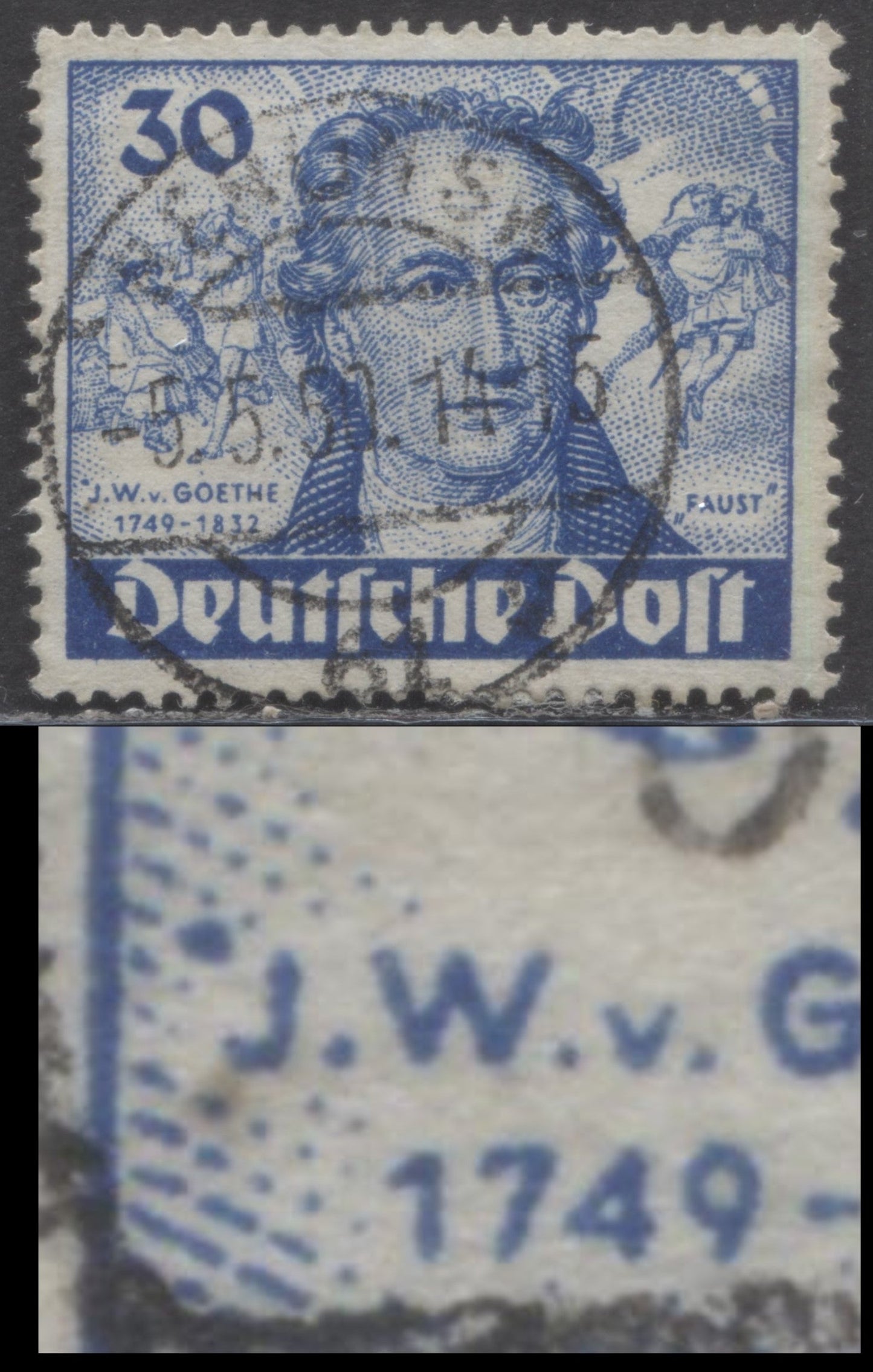 Germany - Berlin Mi#63I (SC#9N63) 30pf Blue 1949 Von Goethe Issue, Large Dot To Left Of 'J', Pos. 10, 20, 30, 40 & 50, A Very Good/Fine Used Single, Click on Listing to See ALL Pictures, Estimated Value $30