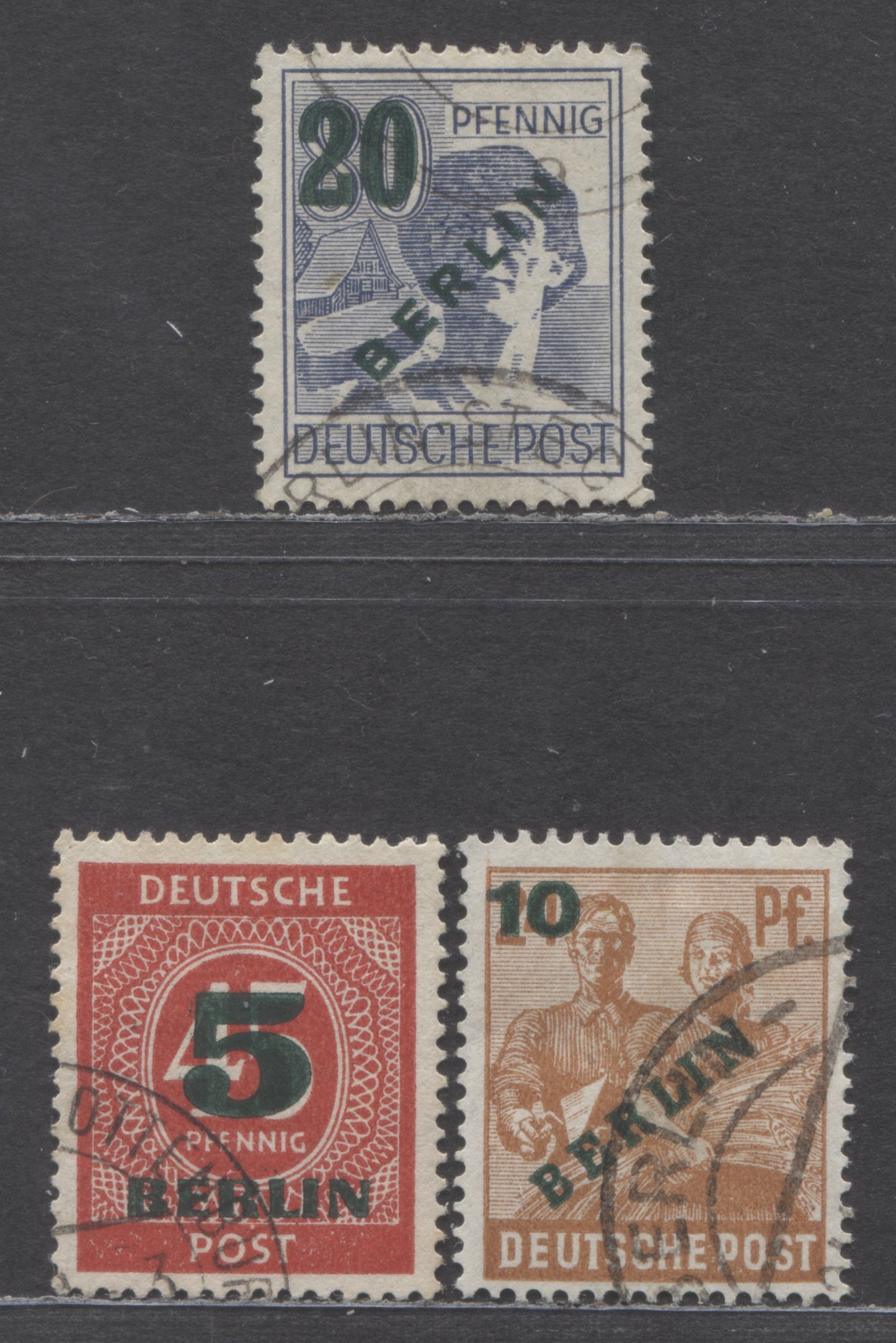 Germany - Berlin Mi#64 (SC#9N64)-66 (SC#9N66) 1949 Surcharge Issue, 3 Very Fine Used Singles, Click on Listing to See ALL Pictures, Estimated Value $13