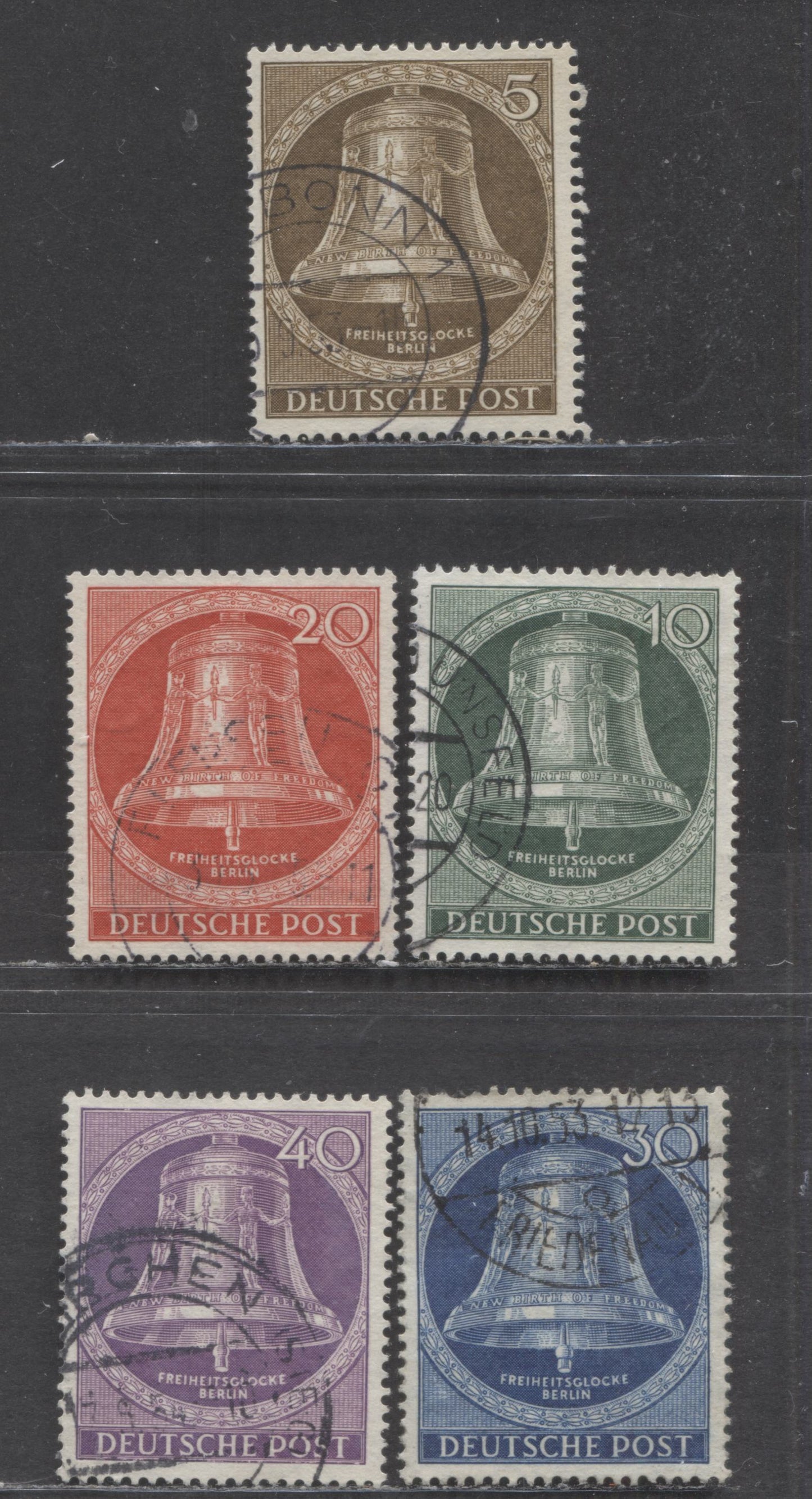 Germany - Berlin Mi#101 (SC#9N94)-105 (SC#9N98) 1953 2nd Re-engraved Freedom Bell Issue, 5 Fine/Very Fine Used Singles, Click on Listing to See ALL Pictures, Estimated Value $38