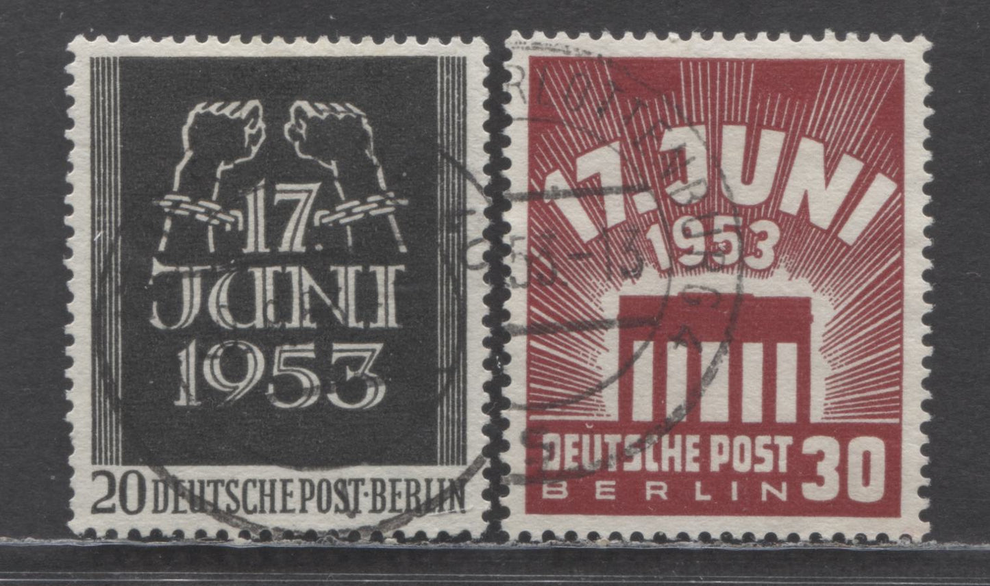 Germany - Berlin SC# 9N99-9N100 (Mi#110-111) 1953 East German Workers Strike Issue, 2 Very Fine Used Singles, Click on Listing to See ALL Pictures, Estimated Value $26 USD