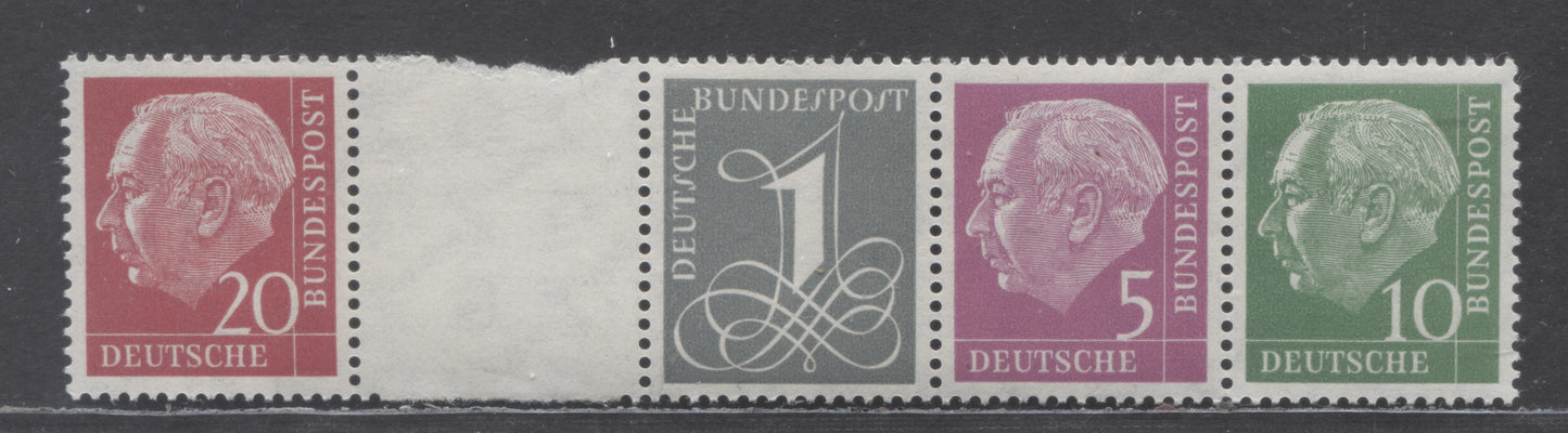 Germany Mi#W216bx2&W19x 1958 Heuss Definitive Issue, A VFNH Booklet Strip With Blank Label, Click on Listing to See ALL Pictures, Estimated Value $15 USD