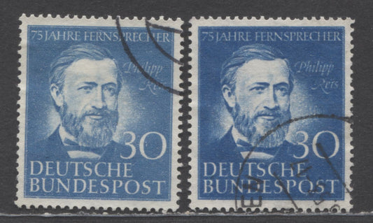 Germany Mi#161 (SC# 693) 30pf Cobalt 1952 75th Anniversary Of Telephone Service Issue, Two Shades, 2 Very Fine Used Singles, Click on Listing to See ALL Pictures, Estimated Value $30