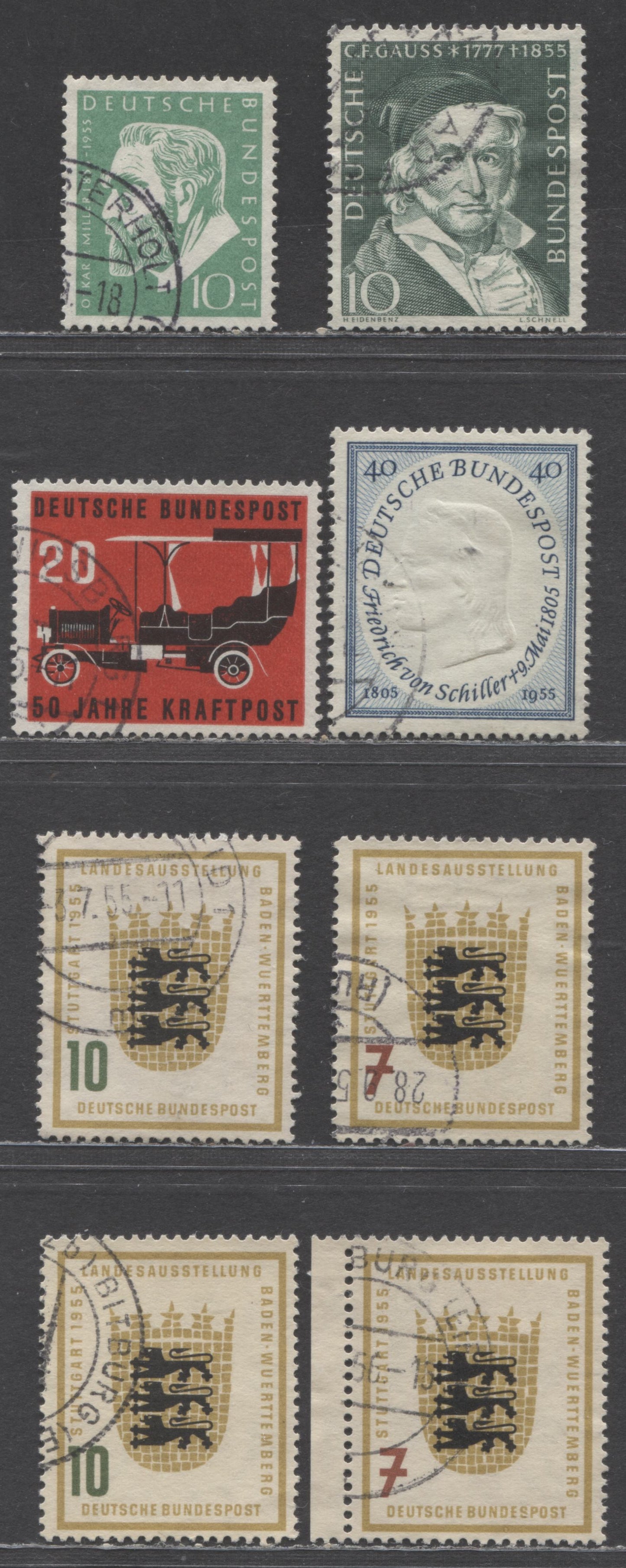 Germany Mi#204 (SC#725)/213vd (SC#730) 1955 Gauss - Badenwurlenburg Exhibition Issues, 8 Very Fine Used Singles, Click on Listing to See ALL Pictures, Estimated Value $23