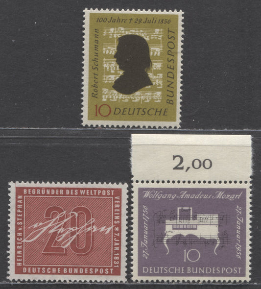 Germany Mi#227 (SC#738)/234 (SC#743) 1956 Heinrich von Stephan - Schumann Issues, 3 VFNH Singles, Click on Listing to See ALL Pictures, Estimated Value $8