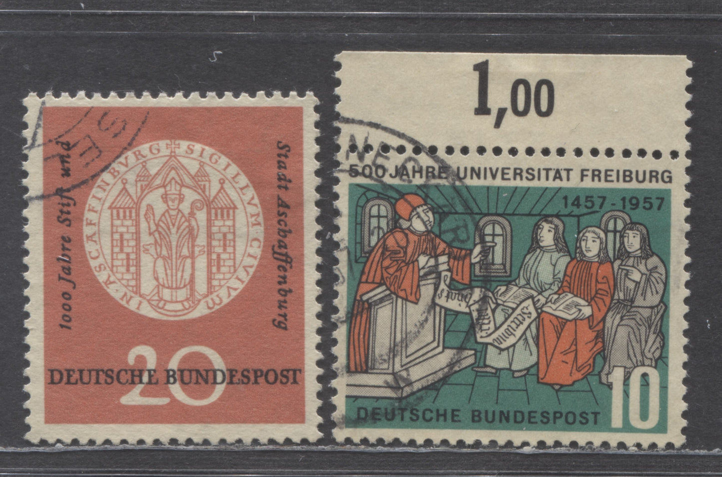 Germany Mi#255x (SC#765)-256x SC#(766) 1957 Abbey Of Aschaffenburg & Freiburg University, Yellow Tinted Paper Printings, 2 Very Fine Used Singles, Click on Listing to See ALL Pictures, Estimated Value $15