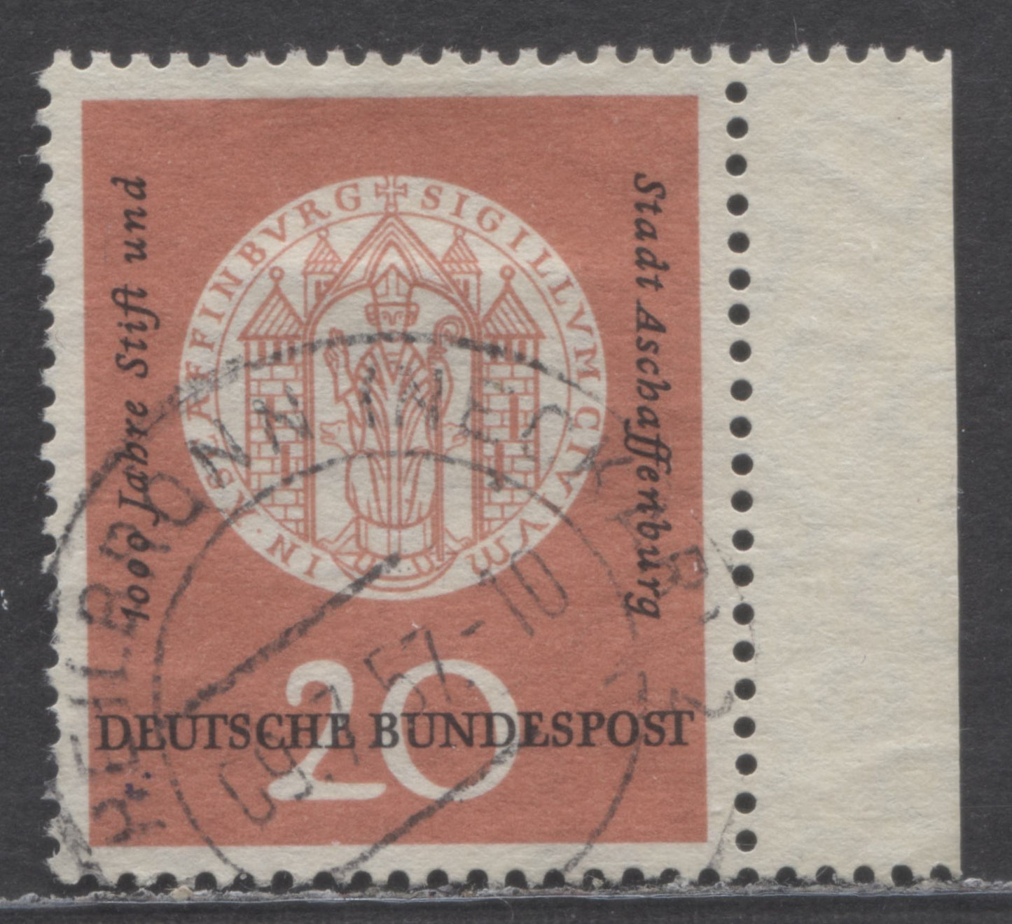 Germany Mi#255VII (SC# 765) 20pf Salmon & Black 1957 Abbey Of Aschaffenburg, Dot On Robes From Pos. 20, A Very Fine Used Single, Estimated Value $65