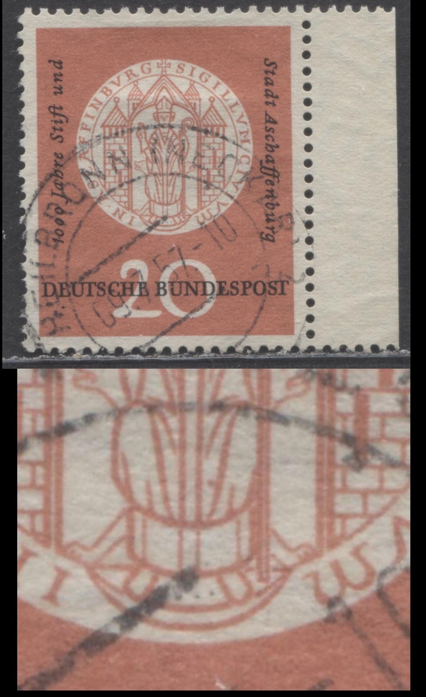 Germany Mi#255VII (SC# 765) 20pf Salmon & Black 1957 Abbey Of Aschaffenburg, Dot On Robes From Pos. 20, A Very Fine Used Single, Estimated Value $65