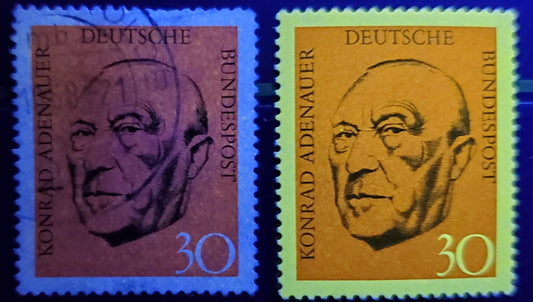 Germany Mi#567var (SC# 988) 30pf Multicolored 1968 Adenauer Issue, With Tagging Almost Completely Missing, 2 Very Fine Used Singles, Click on Listing to See ALL Pictures, Estimated Value $5