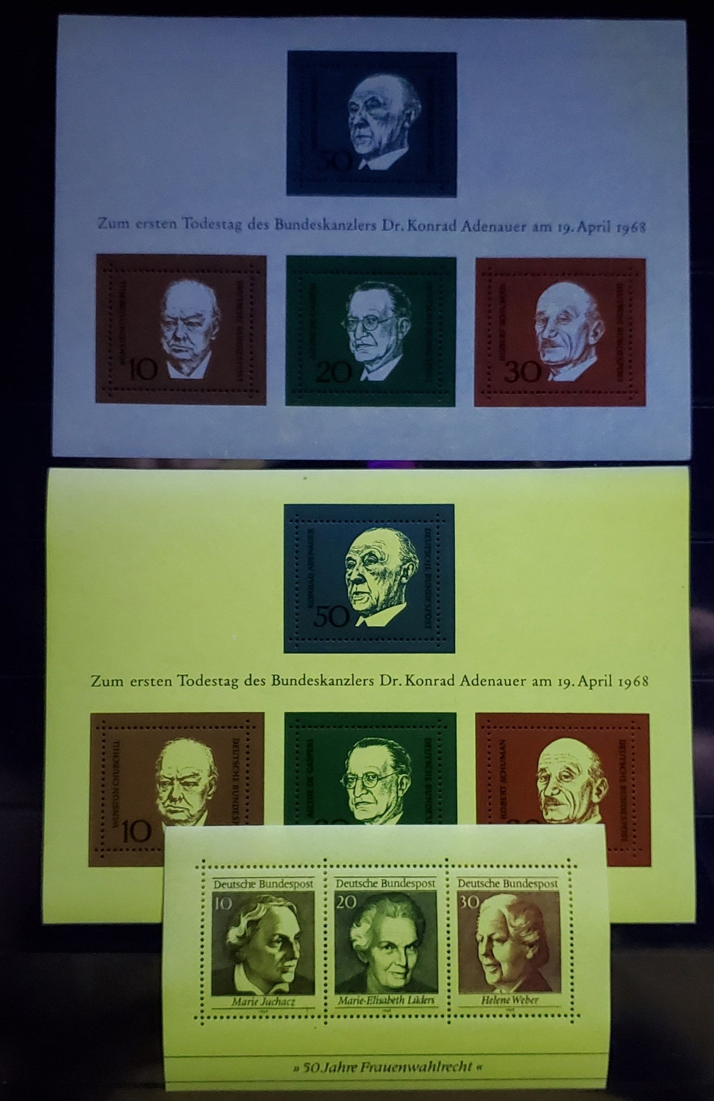 Germany Mi#Block 4 (SC#982)-Block 5 (SC#1007) 1968-1969 Portraits & Womens Sufferage, Normal Fluorescence & One Nearly Missing The Fluorescent Coating, 2 VFNH Souvenir Sheets, Estimated Value $15