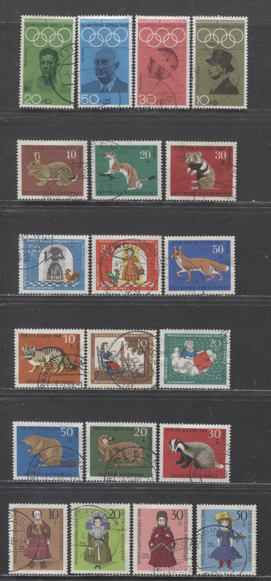 Germany Mi#529 (SC#B422)/574 (SC#B441) 1967-1968 Semi Postals, 20 Very Fine Used Singles, Click on Listing to See ALL Pictures, Estimated Value $16