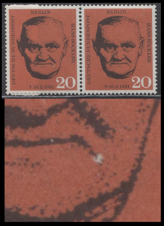 Germany - Berlin Mi#197var (SC# 9N175var) 20pf Red 1961 Bockler, White Spot At Corner Of Mouth On Left Stamp, Constant Unlisted Variety, A VFOG Pair, Click on Listing to See ALL Pictures, Estimated Value $10